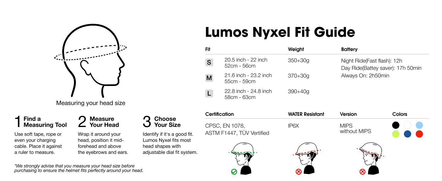 Lumos Nyxel Smart Bike Helmet fit guide and head measurement instructions